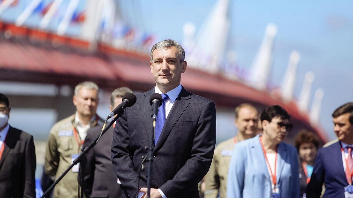    Губернатор Амурской области Василий Орлов на церемонии открытия автомобильного моста через Амур между Благовещенском и китайским Хэйхэ© Фото : пресс-служба правительства Амурской области