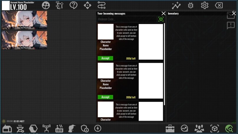 Главное меню, окошки входящих сообщений и инвентарь