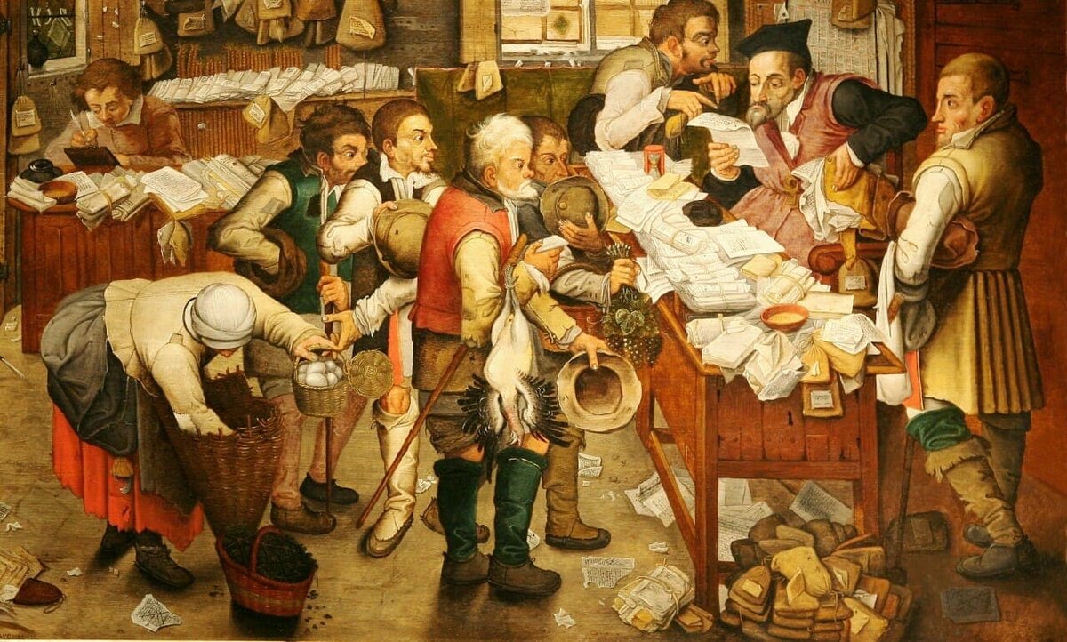 Картина Питера Брейгеля младшего про сборщика налогов. Страна другая, но методики похожие. 