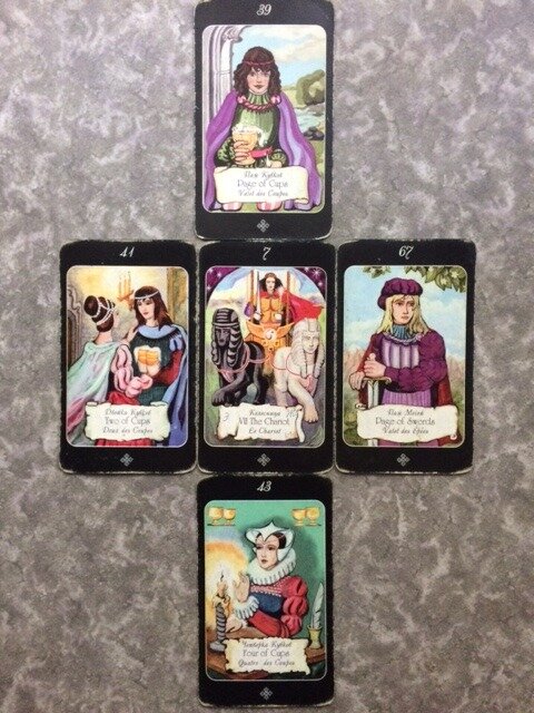 1. Двойка Чаш, 2. Паж Мечей, 3. Паж Чаш, 4. Четверка Чаш, 5. старший аркан Колесница.