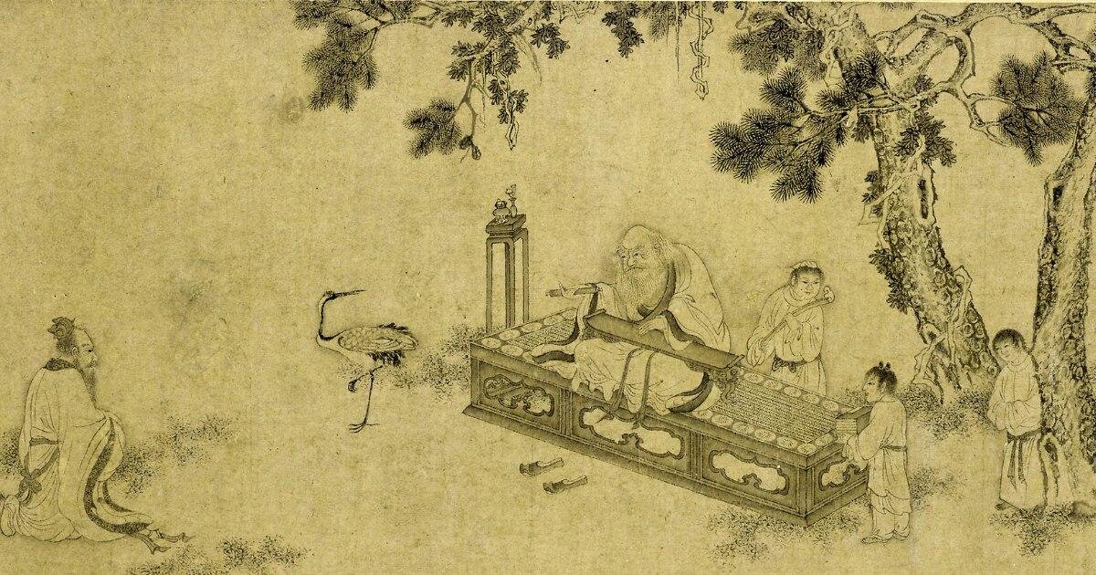 Рукописный свиток династии Мин, приписываемый Ли Гунлину, изображает сцену, на которой древний философ Лао-цзы передаёт «Дао Дэ Цзин» — основной текст даосской мысли, автором которого он был. Художественная галерея Фрира. (Public Domain)