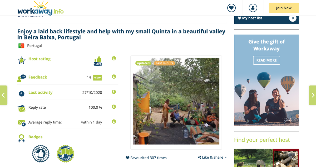 Так выглядит страничка "хоста" на Workaway.
Португальская эко-ферма готова принять Вас волонтёром прямо сейчас!