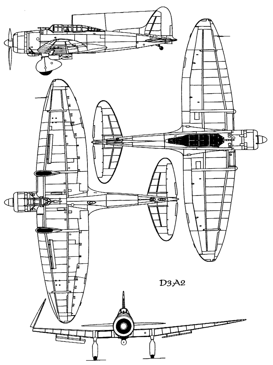 Схема внешнего вида пикирующего бомбардировщика "Аичи" D3A2 (кодовое наименование союзников - "Вэл")