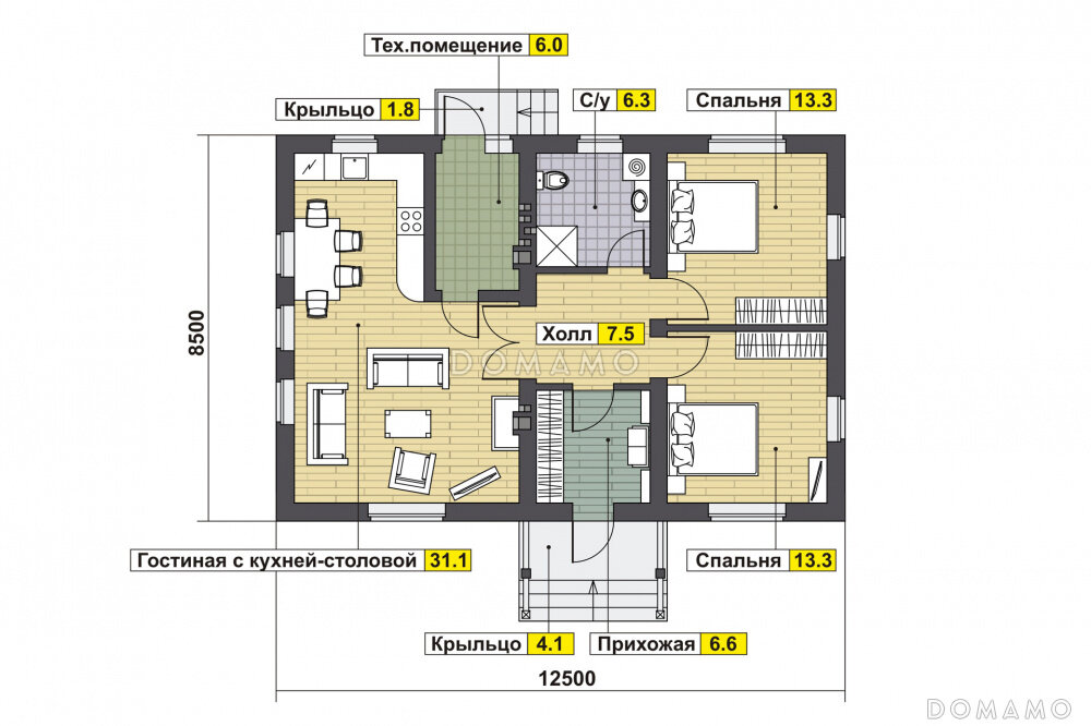 Проект одноэтажного дома с 2 спальнями, кухней-гостиной и котельной ...