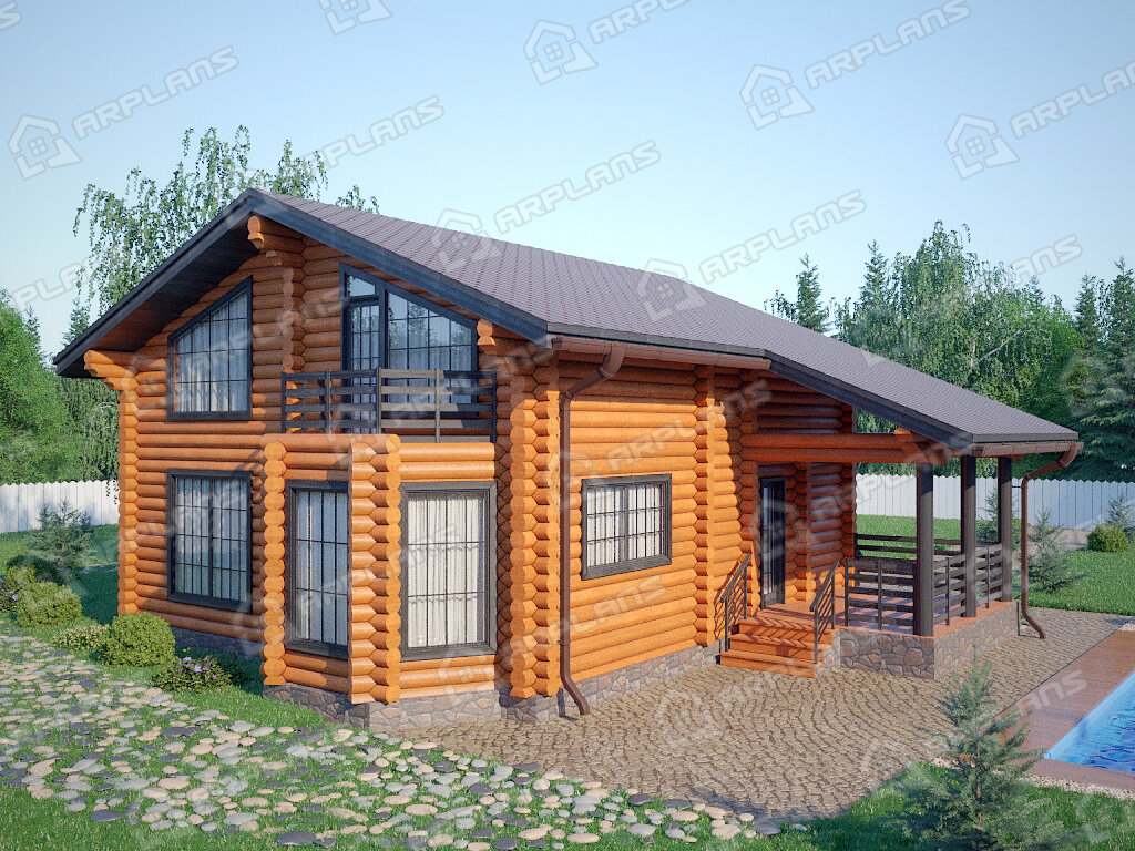 Фото 1 деревянного двухэтажного дома из бревна с мансардой, 3 спальнями, вторым светом, балконом, эркером и террасой. Общая площадь 140 кв м. Источник arplans.ru Проект ДО-049