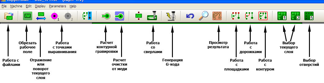 Кнопки на рабочей панели программы
