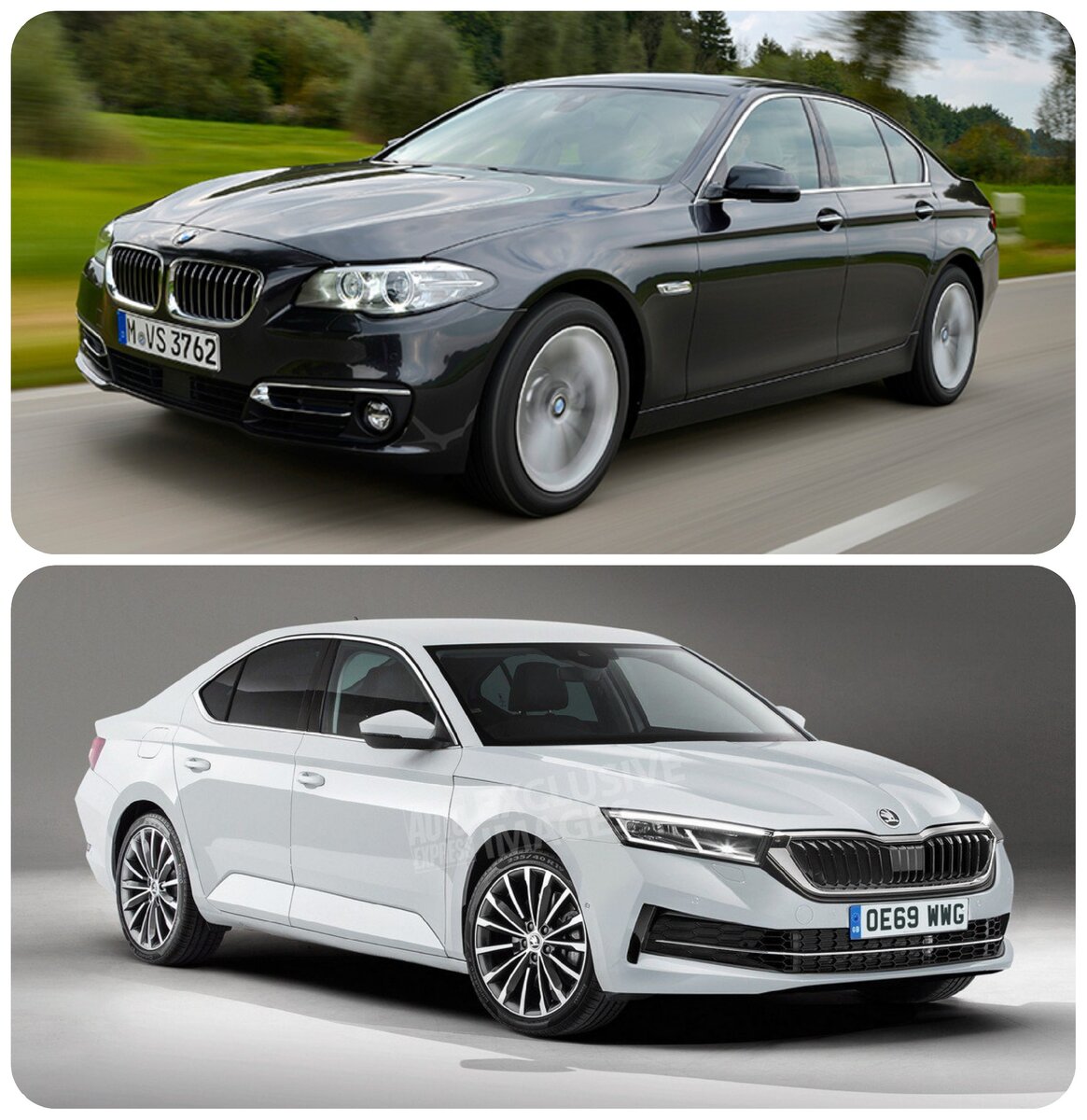 Сверху БМВ 5 серии 2015 г.в. 125000 пробег. Снизу Шкода Октавия 2020 г.в. Пробег нулевой.