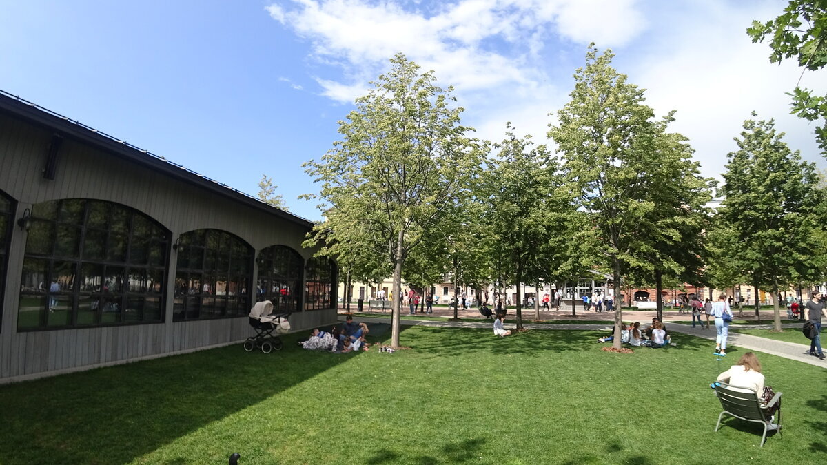 На территории много семей с колясками. И много стульчиков для пикника.