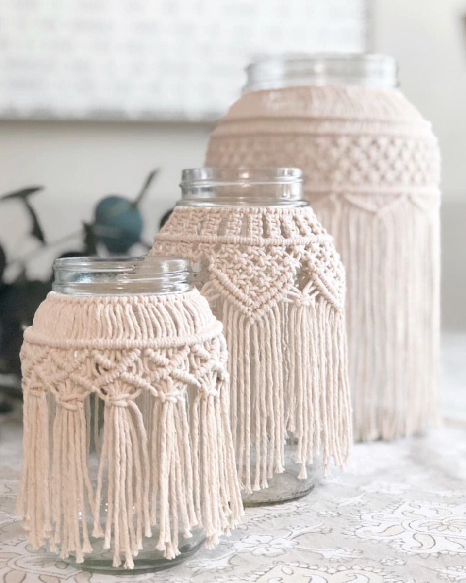 Макраме вазы. Подсвечник макраме. Макраме вазы. Банка макраме. Подсвечник макраме.