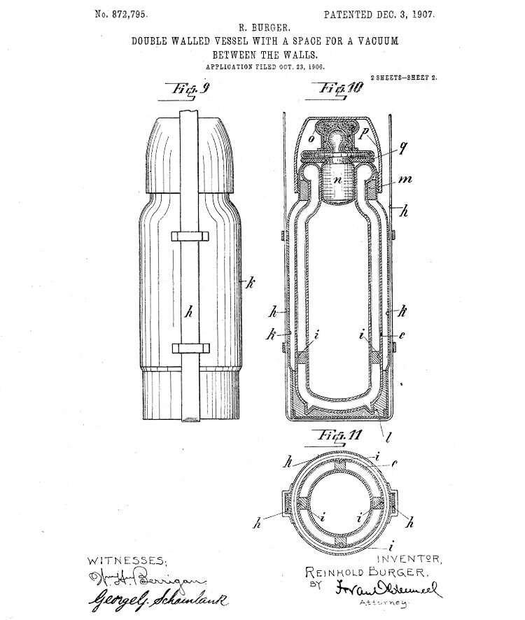 Патент US872795 A "Сосуд с двойными стенками и вакуумом между ними". Изобретатель - Рейнхольд Бюргер, 1907 год. Источник - https://ru.wikipedia.org/wiki/Термос.