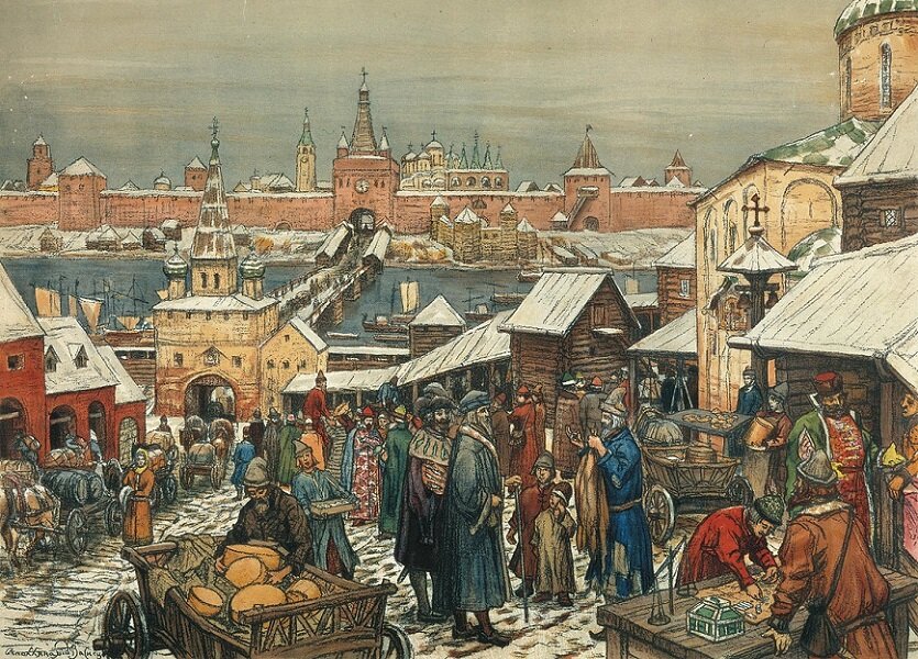 Торговля в древнем Новгороде. Он был богатым городом