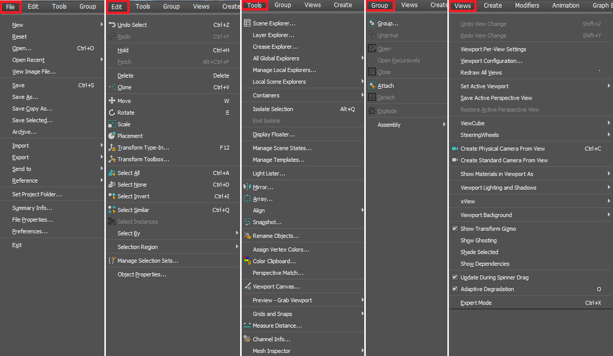 Меню: File, Edit, Tools, Group, Views