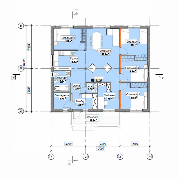 Планировка многоспаленного формата 12м*10.4м 