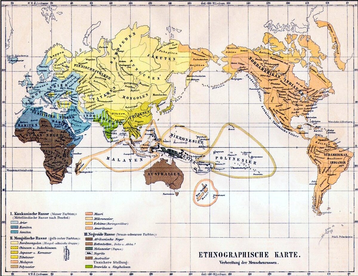 об популярности арийской теории расового превосходства говорит эта немецкая карта  19 века из уважаемого научного журнала. Где все синее - это расселение арийской расы 