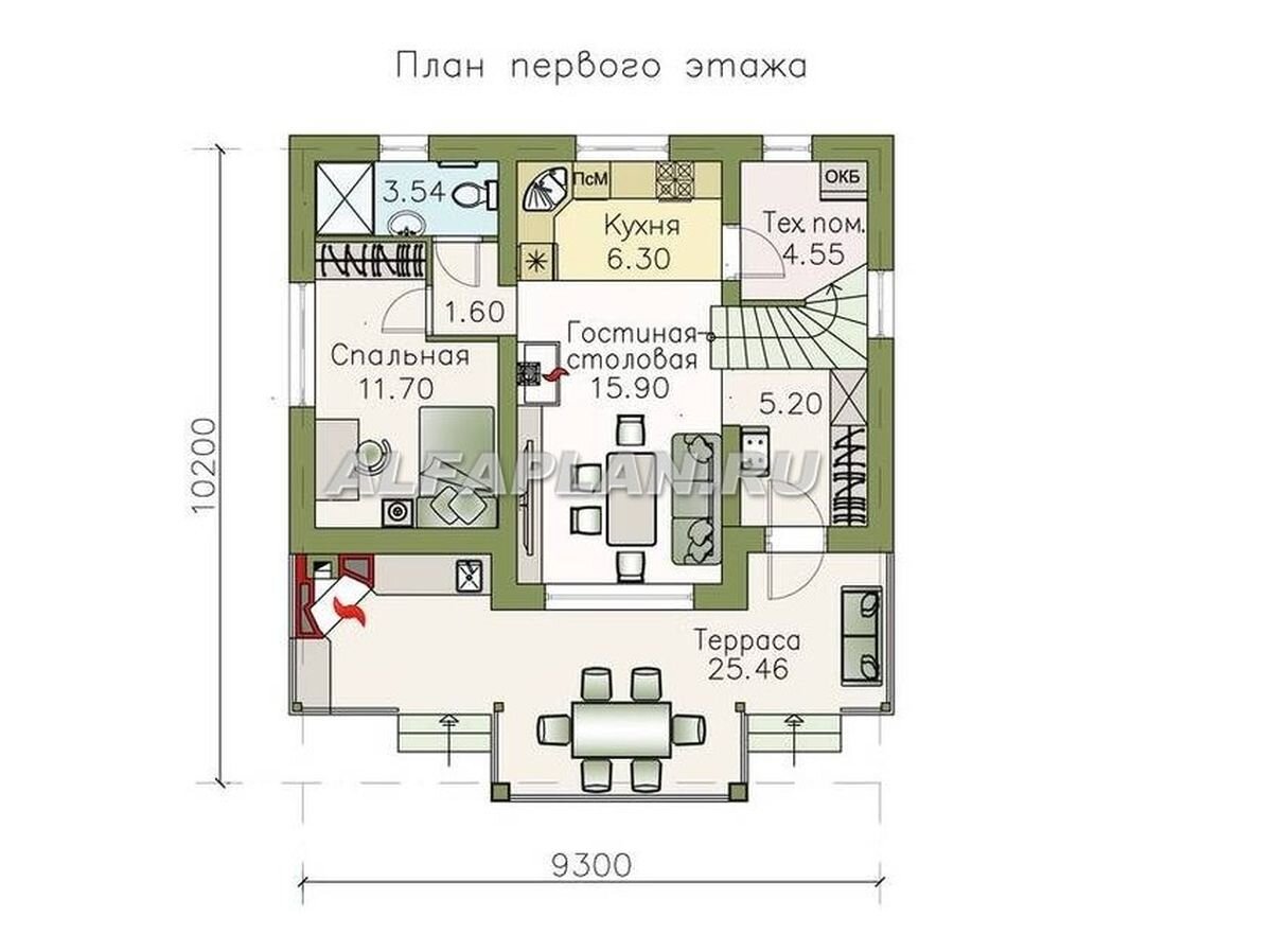 Проект небольшого уютного дома с террасой-барбекю 387В. С  лицевого фасада расположена большая терраса с печью-барбекю. Одна спальня расположена на 1 этаже и две – на втором. 