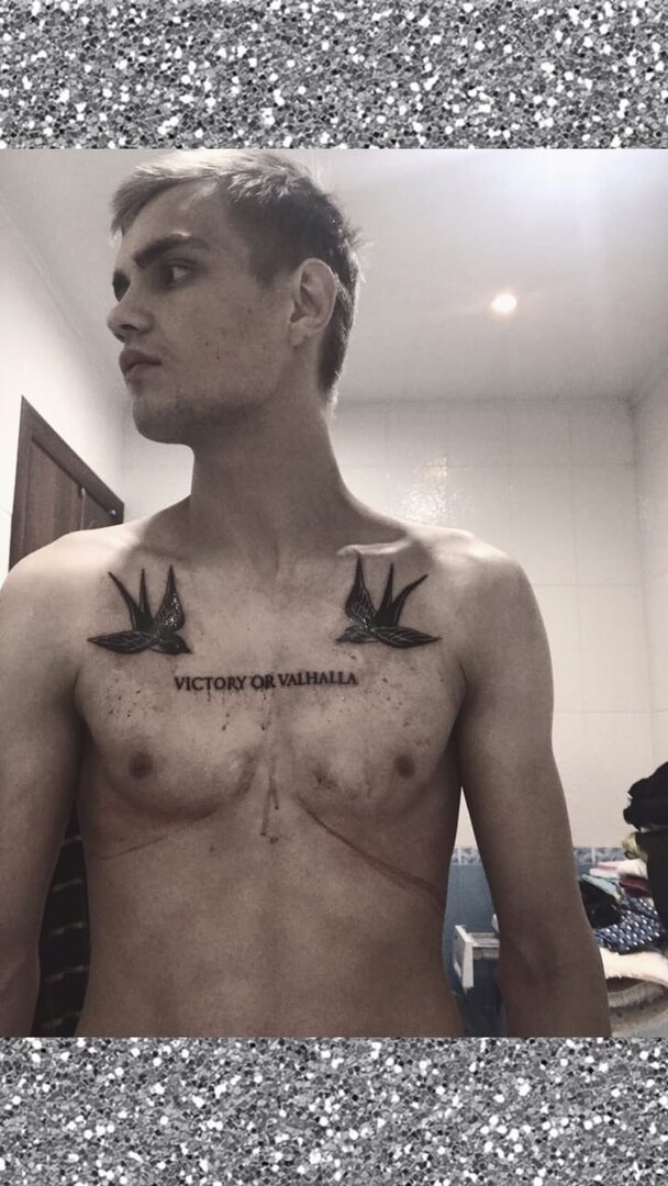 Значение этой татуировки состоит в том что как мы видим набито две ласточки, они символизируют свободу и независимость, а надпись Victory or Valhalla означает «Победа или Вальхалла», то есть победа или смерть, и смотря на жизнь эта надпись несёт большое значение.