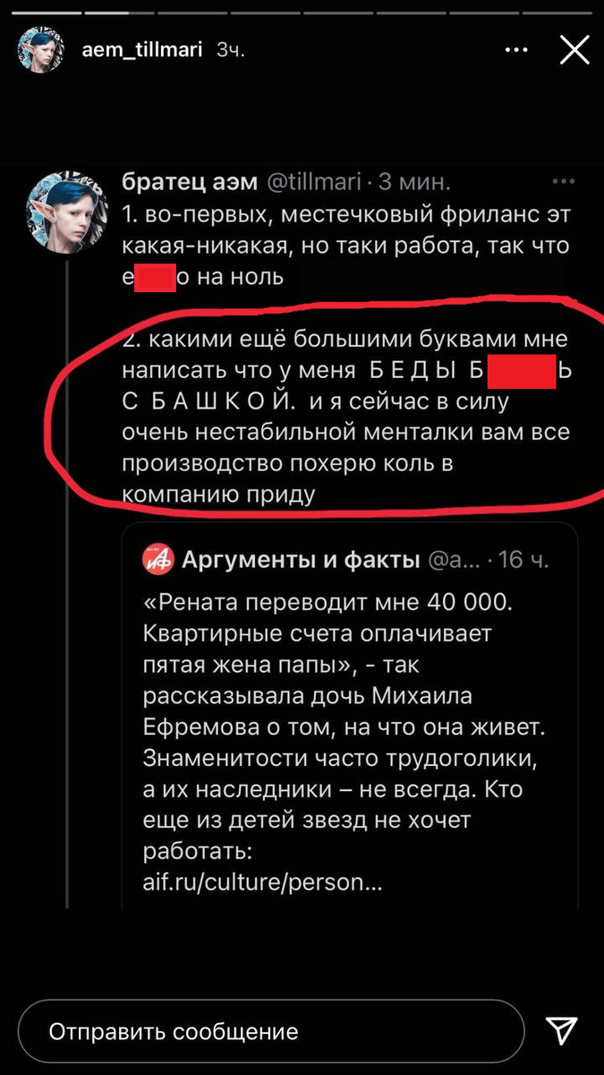 Скриншот из инстаграма Анны-Марии Ефремовой