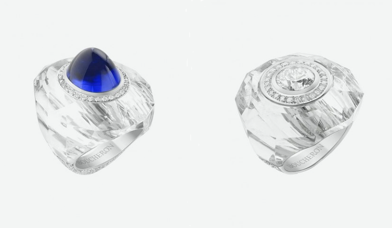 Слева - кольцо Boucheron из горного хрусталя с сапфиром; Справа - кольцо из горного хрусталя с центральным бриллиантом