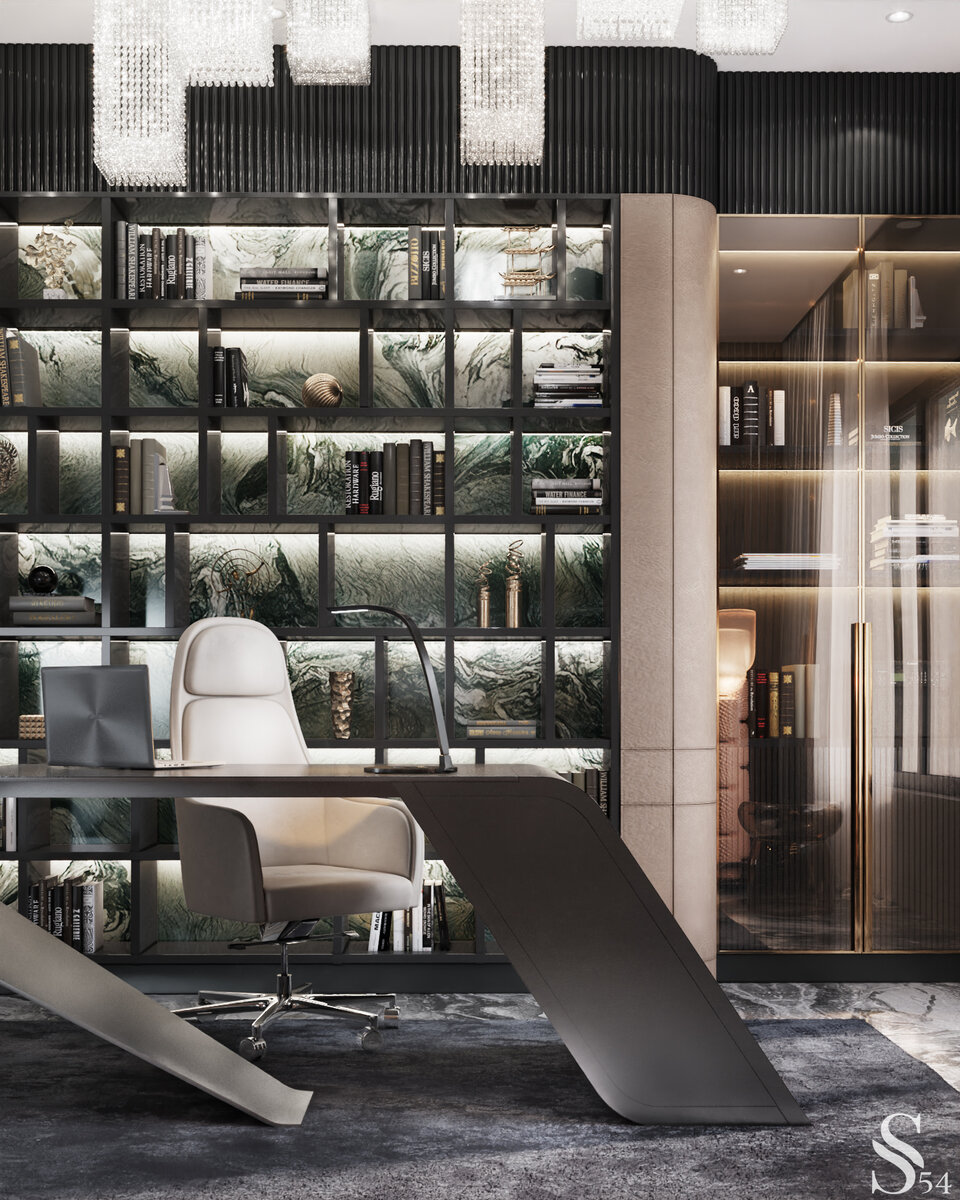 Роскошный офис в Пакистане. Задняя стенка стеллажа украшена редким мрамором Cippolino Ondulato