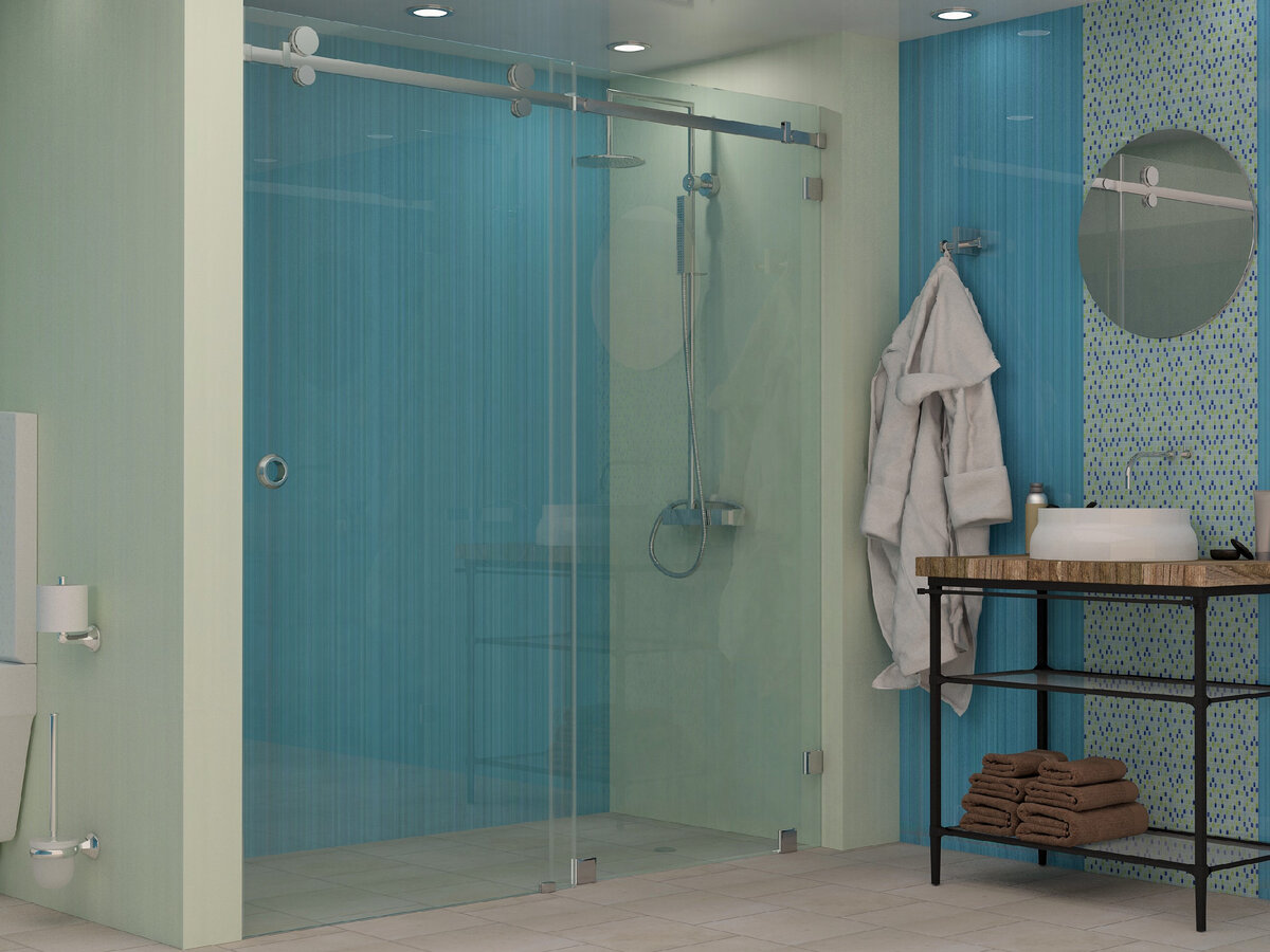 Раздвижная перегородка состоит из двух частей: фиксированная к стене перегородка и откатная дверь на специальной фурнитуре. Такая перегородка подходит для тех, кто не хочет напрасно расходовать полезную площадь ванной комнаты.