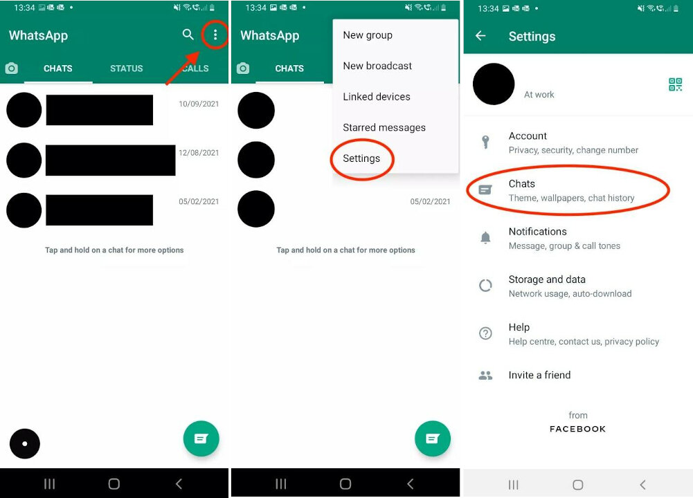 Как включить тёмную тему в приложении WhatsApp на Android - пункты 1-3