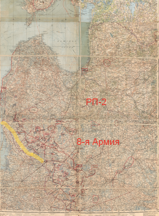 штабная карта Северо-Западного фронта. Оригинальные пометки: нанесена обстановка на 22-23-е июня. Маркером обведена, примерно, зона ответственности 8-й Армии - район прикрытия №2.