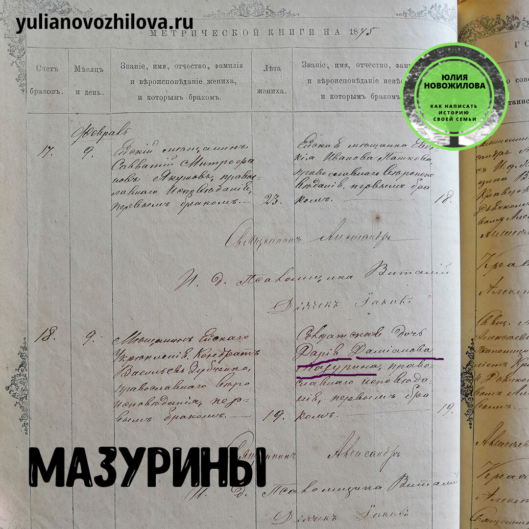 Запись о браке за 1875 год Кондрата Васильева Зубченко и Дарьи Дамиановой Мазуриной, Ейское укрепление, Ростовский уезд, Екатеринославская губерния