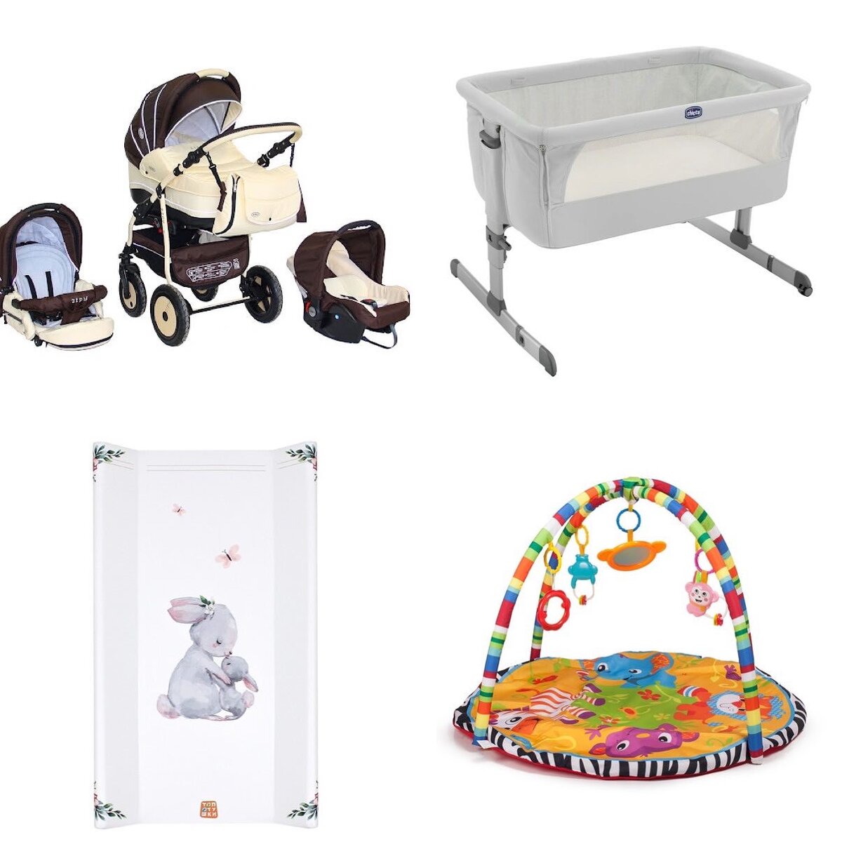 Коляска Zipy Verde, люлька Chicco, Пеленальная доска Топотушки, Развивающий коврик BabyGo