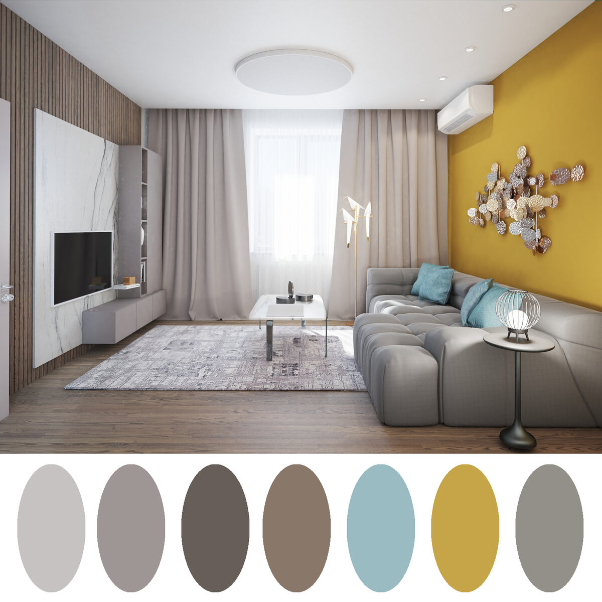 Жёлто-горчичная стена гостиной и голубые подушки акцентируют серый диван (3-d фото авторов).