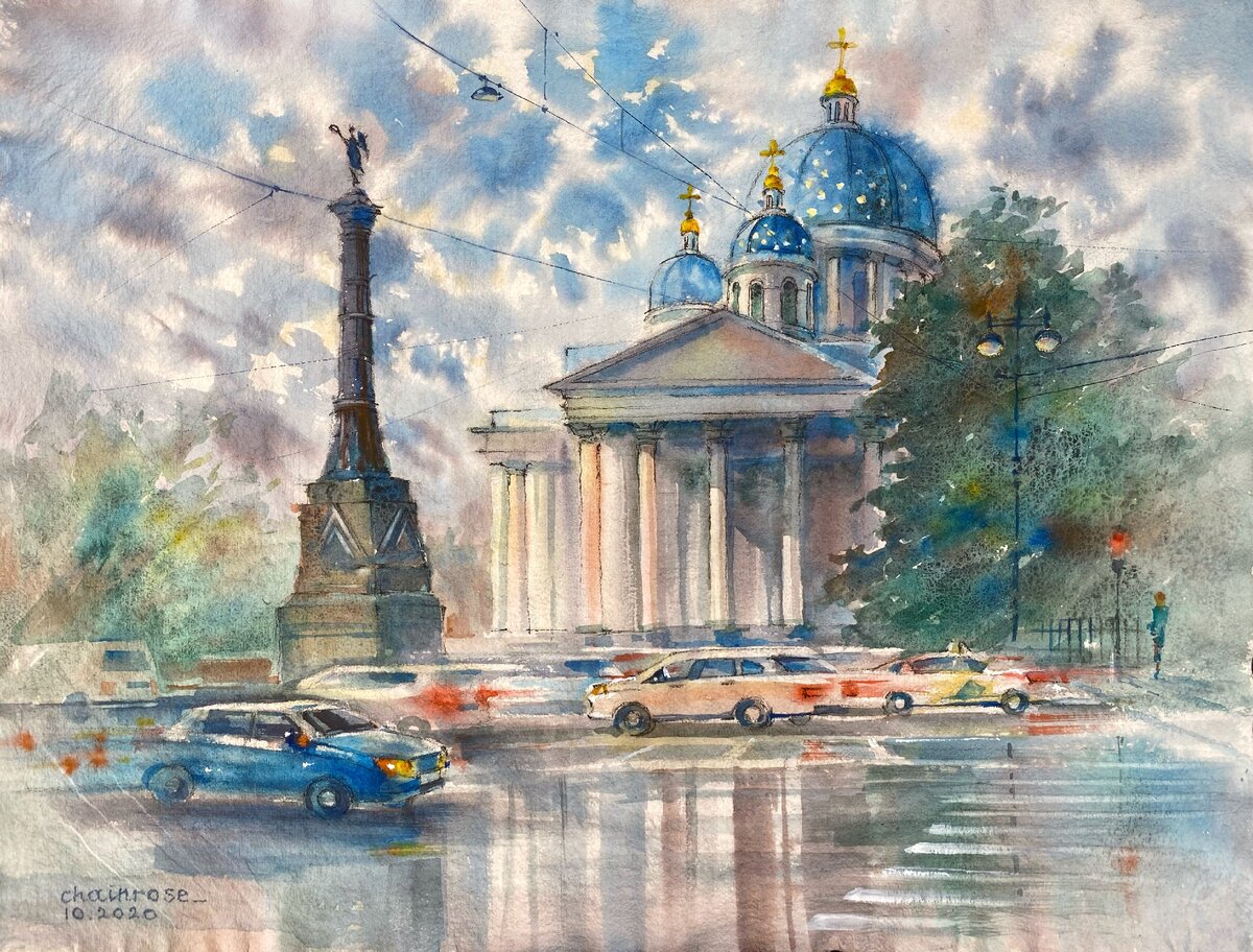 Тонированная бумага Кагаз-Лён (жёлто-серая). Акварель. Троицкий собор в Санкт-Петербурге. 50х37 см.