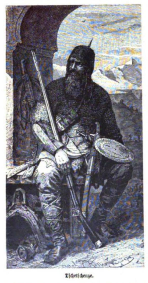  Чеченский воин в кольчуге. 
Из книги "Der Mensch und seine Rassen". Bernhard Langkabel ,1892 год.