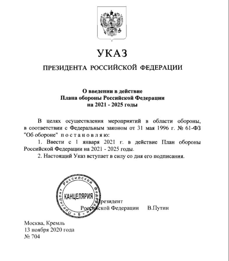 Указ о введении в действие плана обороны российской федерации на 2021 2025 годы