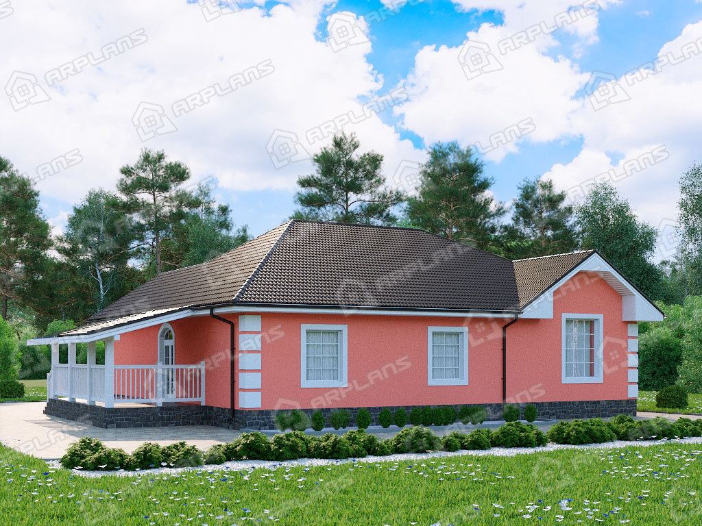 Фото 2 одноэтажного дома из газобетона с 3 спальнями, газовой котельной и террасой. 150 кв м. Источник arplans.ru Проект К-211