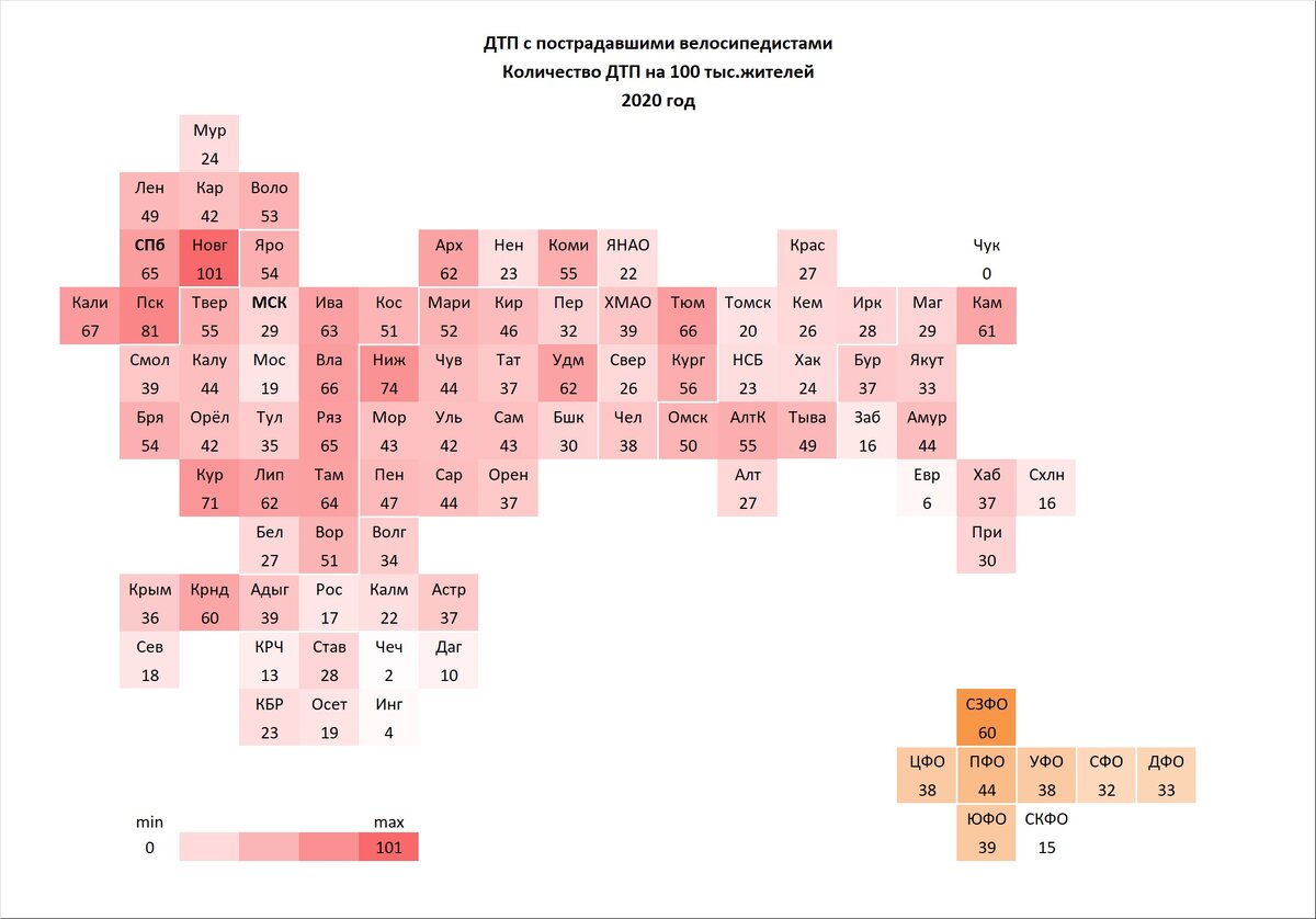 ВелоДТП 2020: количество на 100 тыс.жителей, шт.