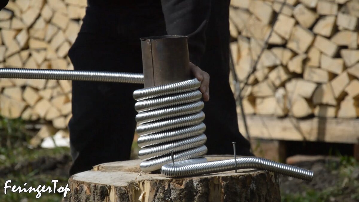 Можно изменить количество витков теплообменника из гофры, чтобы увеличить или уменьшит ь теплосъём на нагрев воды в бане