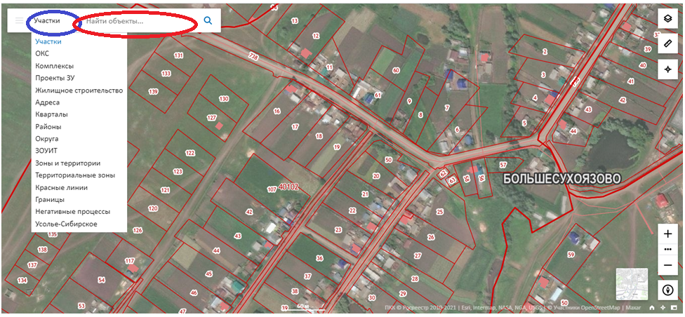 Для поиска на карте в левом верхнем углу экрана в выпадающем списке выбираем интересующий Вас вид объекта недвижимости и там где я обвела красным вводим адрес или кадастровый номер объекта недвижимости