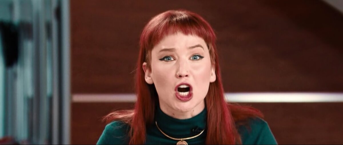 Грета позавидовала бы такому пламенному спичу: Дженнифер Лоуренс в фильме «Не смотрите наверх» // Скриншот