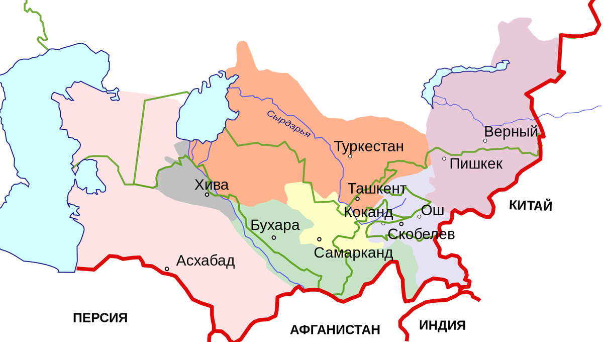 Туркестан 1900 года, цветом выделены покоренные ханства Средней Азии