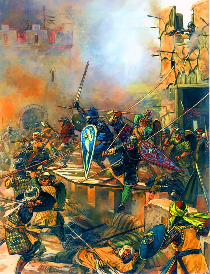 Обратите внимание, что кольчуги есть только у немногих бойцов первой линии. Да и из них только один (самый богатый) имеет кольчужные руки-ноги. В такой ситуации огромная бронедверь в руках - просто насущная необходимость.