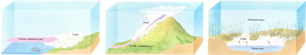  Рисунок 1 — Схемы образования тумана в природе
а) адвективный туман, б) туман склонов, в) паровой туман 