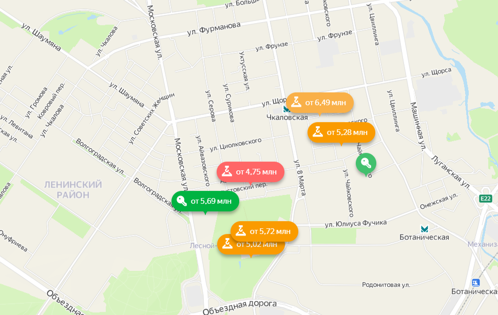 Карта с расположением 1к квартир в продаже. Взято с сайта https://realty.yandex.ru/