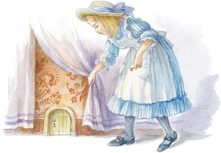 Алиса в стране чудес первая глава. Алиса в стране чудес иллюстрации Анны Власовой. Алиса в стране чудес иллюстрации Льюиса Кэрролла. Алиса в стране чудес заглядывает. Алиса в стране чудес открывает дверцу.