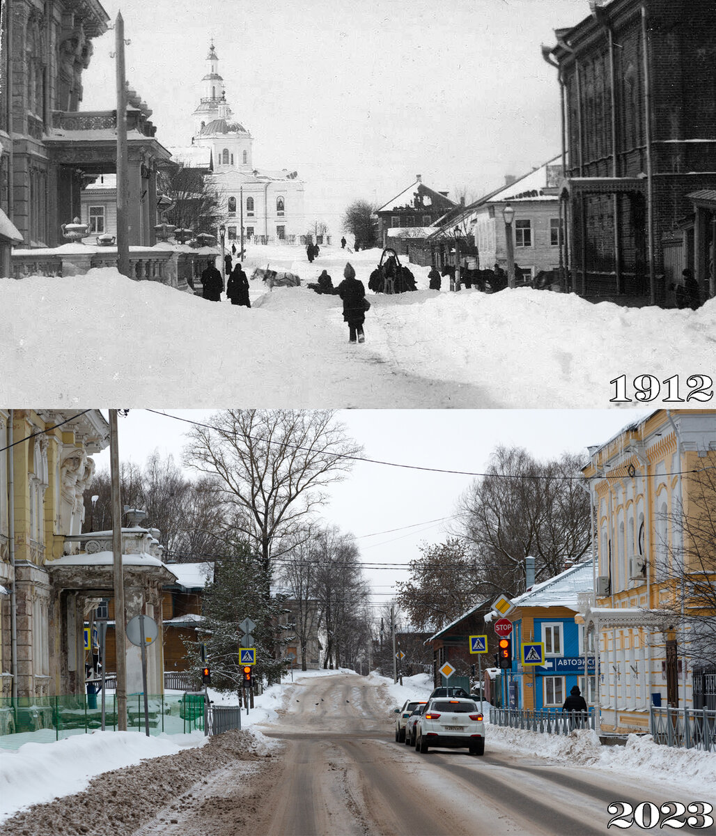 Рождественский (ныне Первомайский) переулок. Вверху: открытка издания П.М. Дружинина, 1912-1914 годы. Внизу: фото автора, 2023 год.