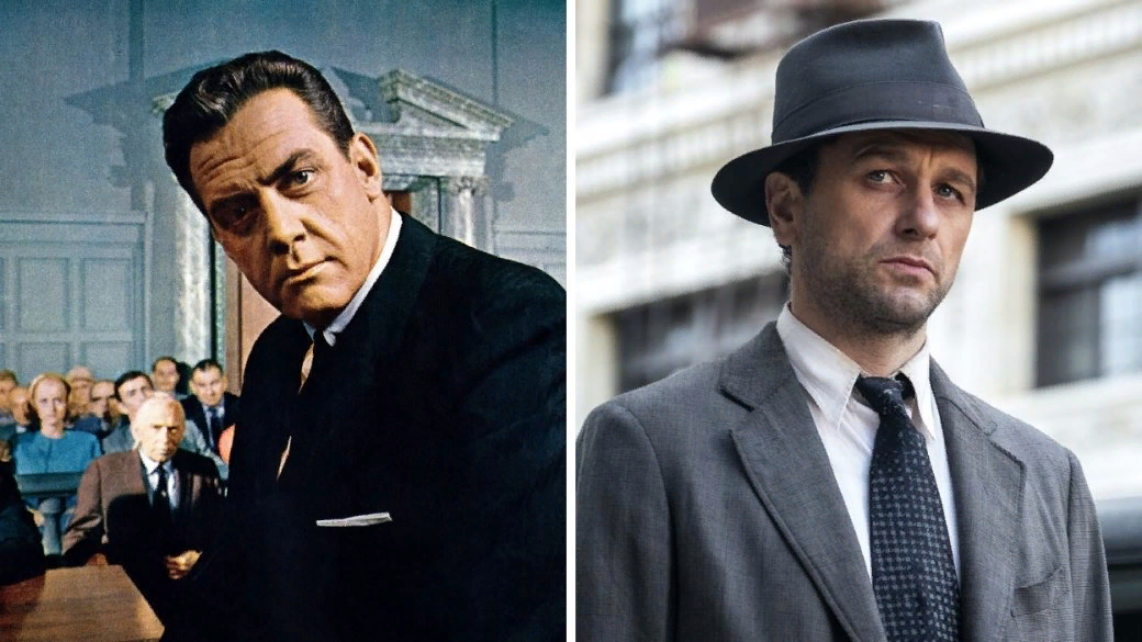 Слева: Рэймонд Бёрр в роли Мейсона в сериале "Перри Мейсон" 1957 . Справа: Мэтью Риз в роли Мэйсона в сериале "Перри Мейсон" 2020.