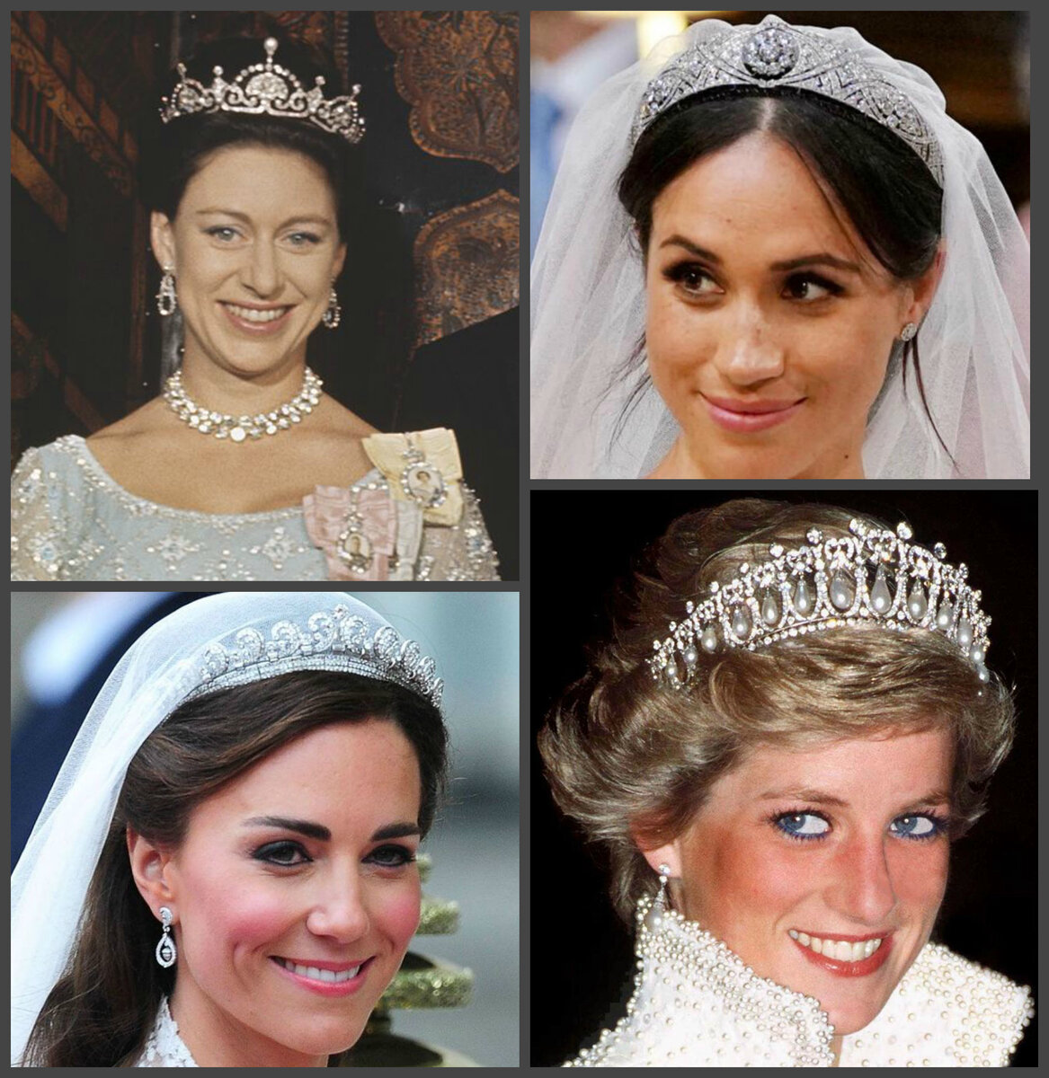 На принцессе Маргарет тиара "Цветок лотоса". Halo от Cartier дополняет свадебный наряд герцогини Кембриджской. Герцогиня Сассекская примерила бриллиантовую тиару ювелирного Дома Garrard. Подарок Ее Величества принцессе Диане - "Узелки любви"