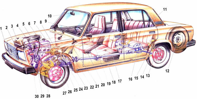1. Блок-фара. 2. Радиатор системы охлаждения. 3. Аккумуляторная батарея. 4. Распределитель зажигания. 5. Воздушный фильтр. 6. Двигатель. 7. Вакуумный усилитель с главным цилиндром гидропривода тормозов. 8. Главный цилиндр гидропривода выключения сцепления. 9. Рулевое колесо. 10. Внутреннее зеркало заднего вида. 11. Заднее сиденье. 12. Запасное колесо. 13. Задний тормоз. 14. Пружина задней подвески. 15. Амортизатор задней подвески. 16. Задний мост. 17. Карданная передача. 18. Переднее сиденье. 19. Наружное зеркало заднего вида. 20. Рычаг стояночного тормоза. 21. Рычаг переключения передач. 22. Коробка передач. 23. Педаль гидропривода сцепления. 24. Педаль гидропривода тормозов. 25. Педаль управления дроссельными заслонками карбюратора. 26. Червячный редуктор рулевого механизма. 27. Передний тормоз. 28. Пружина передней подвески с амортизатором. 29. Топливный насос. 30. Масляный фильтр.