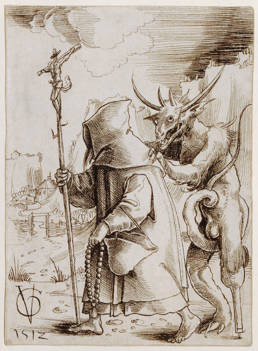 На рисунке художника Урса Графа дьявол изображен со вставной ногой. Смотрим на ногу! Выше лучше не смотреть. 