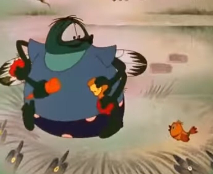 Вот она, муха, в каждой лапе по яблоку-морковке, говорит воробью: "- Ну чего смотришь, муху не видел?"