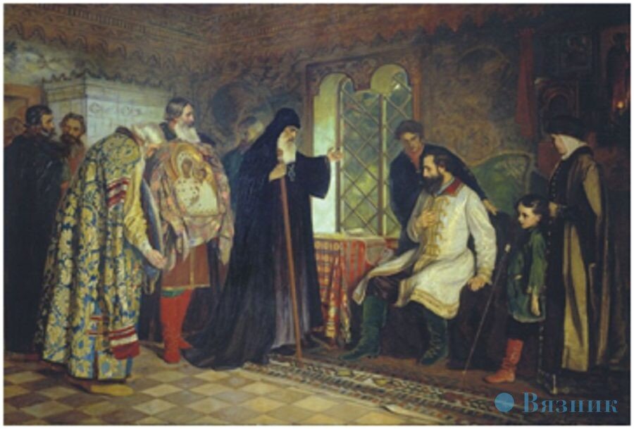 Нижегородская делегация в главе с архимандритом Вознесенского Печерского монастыря Феодосием у Д. Пожарского.