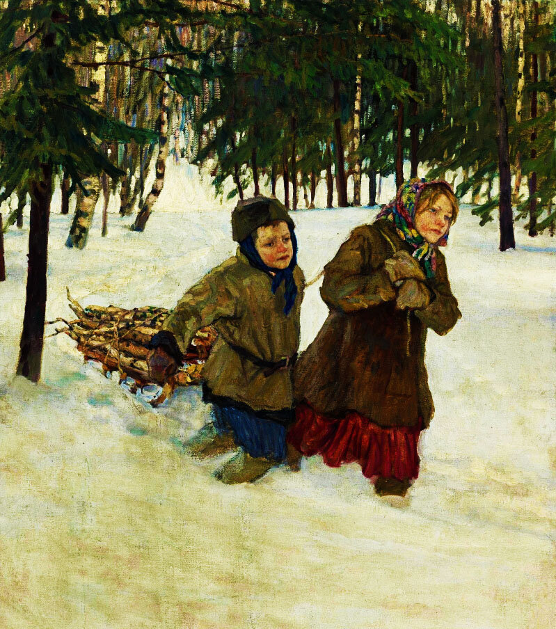 картина н. богданов - бельский "везущие дрова на снегу" 1886 год